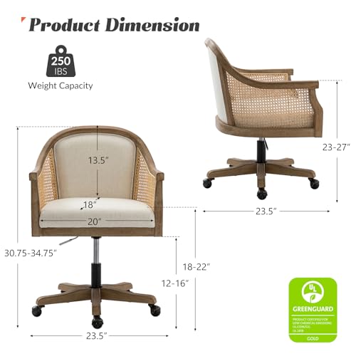 HULALA HOME Rattan Desk Chair, Upholstered Home Office Chair, Vintage Office Chair with Armrest, Adjustable Swivel Rolling Height Task Chair for Living Room Bedroom Study Room, Ivory HULALA HOME