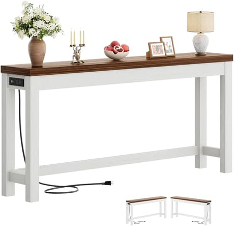 Cyclysio 63" Console Tables for Entryway, Long Console Tables for Living Room, Behind Couch Table, Sturdy Wood Support Farmhouse Entryway Table with 3AC+2USB Charging‌ Station, Rustic Oak Cyclysio