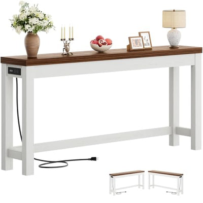Cyclysio 63" Console Tables for Entryway, Long Console Tables for Living Room, Behind Couch Table, Sturdy Wood Support Farmhouse Entryway Table with 3AC+2USB Charging‌ Station, Rustic Oak