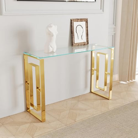 Glass Console Table, Modern 47.2'' Entryway Table, Glass Top with Stainless Steel Base, Metal Hallway Narrow Sofa Table Suitable for Entrance, Living Room（Gold） Sunitar
