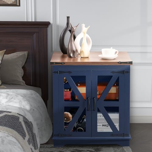 Beroxii Farmhouse End Table, 24" Large End Tables with Storage, Rustic Square Sofa Beside Table with Glass Barn Door, Wood Side Table Square Nightstand for Living Room, Bedroom, Office (Navy Blue)