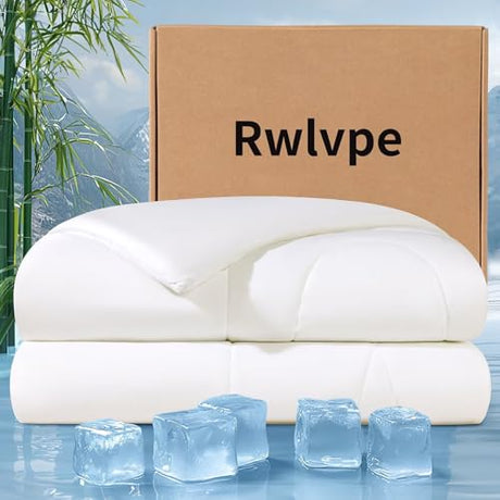 Rwlvpe Cooling Comforter Queen Size, 100% Rayon Derived from Bamboo Shell, Cooling Blanket for Hot Sleepers, Q-Max>0.48 Breathable Bamboo Fill Duvet Insert (90"x90", White) Rwlvpe