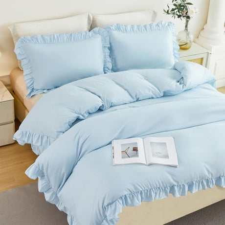 ZSYAYAHA Light Blue Bedding Cover Set for Girls Full Size Vintage Farmhouse Ruffle Duvet Cover 3 Pieces Solid Color Bed Cover Sets for Kids Bedroom Decor(Light Blue, Full) ZSYAYAHA
