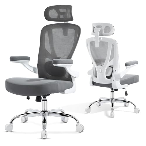 shipborne Office Chair Ergonomic Office Chair with Lumbar Support, Head Support, Rocking Function, FILP-up Armrests, Mesh High Back Chair Home Office Desk Chair, Suitable for Home, Office, Grey shipborne