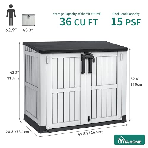 YITAHOME 36 cu ft Resin Outdoor Storage Shed, Weather-Resistant Horizontal Tool Shed, Waterproof Outdoor Storage with Lockable Doors & Air Vent for Trash Cans, Garden Tools (Light Gray) YITAHOME