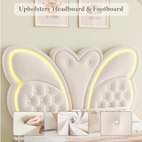 Keyluv Twin Bed Frame Butterfly-Pattern Upholstered Headboard, Modern Floating Bed with LED Lights Button Tufted on Headboard and Footboard, Slats Support No Box Spring Needed, Noise-Free, Beige Keyluv