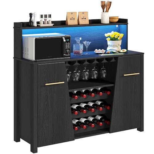 DWVO Bar Cabinet with LED Lights, 47'' Sideboard Buffet Coffee Bar Cabinet with Wine Rack and Glass Holder, Liquor Cabinet with Adjustable Shelf for Living Room, Kitchen, Dining Room, Black - WoodArtSupply