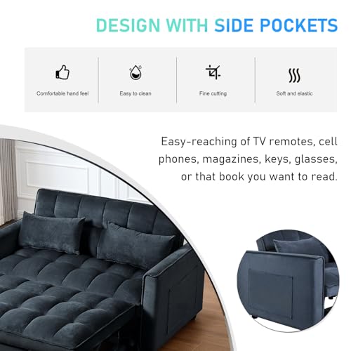 3 in 1 Convertible Sleeper Sofa Bed, Futon Couches for Living Room with Side Pocket | Adjustable Backrest| Velvet Fabric | Pull Out Couch | Love seat Sofa|2-seat Sofa Bed (Black) Generic