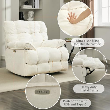 Pationate Oversized Rocker Recliner Chair,Power Swivel Recliner for Living Room,Overstuffed Extra Wide Rocking Recliners with Breathable Soft Fabric,Up to 350lbs (Power, White) Pationate