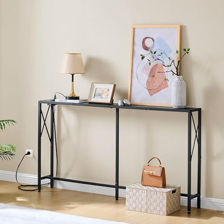 Gewudraw 55.1" Narrow Sofa Table, Console Table with Oulets & USB Ports, Entryway Table, Industrial Couch Table for Hallway, Living Room, Bedroom, 6.5 Feet Power Cord,Black Gewudraw
