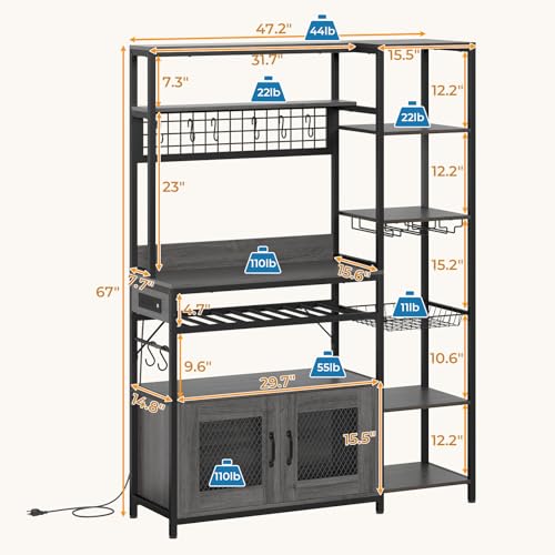 UPOSOJA 47.2in Grey Bakers Rack with Power Outlet and Ample Storage Solutions UPOSOJA