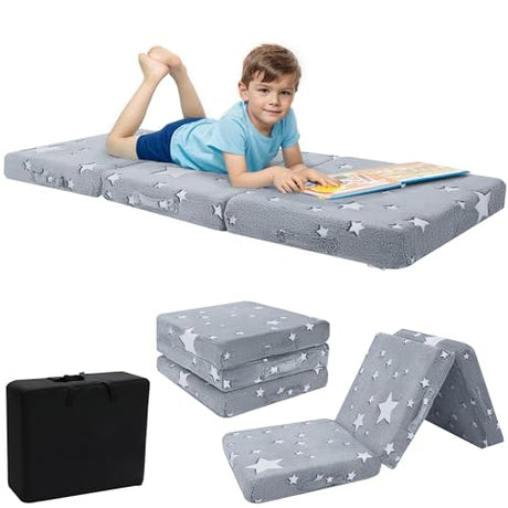 MeMoreCool Glow Star Kids Foldable Floor Mattress Mat with Carry Bag, 3-in-1 Tri-Fold Futon, Soft Plush Glow Cover, Portable for Travel, Grey 63x26 Inch MeMoreCool