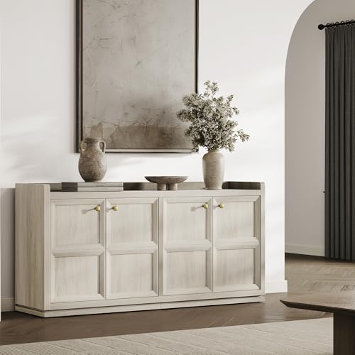 SICOTAS 4-Door Buffet Cabinet for Living Room - 61.7" Extra Long Sideboard with Storage & Adjustable Shelves Modern Credenza Accent Coffee Bar Storage Cabinet for Kitchen, Hallway, White Oak, 1 PCS SICOTAS