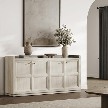 SICOTAS 4-Door Buffet Cabinet for Living Room - 61.7" Extra Long Sideboard with Storage & Adjustable Shelves Modern Credenza Accent Coffee Bar Storage Cabinet for Kitchen, Hallway, White Oak, 1 PCS SICOTAS
