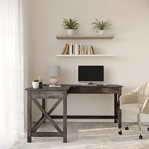 Lavish Home L-Shaped Computer Desk with X-Pattern Legs for Home Office, or Craft Table, 59", Dark Gray - WoodArtSupply