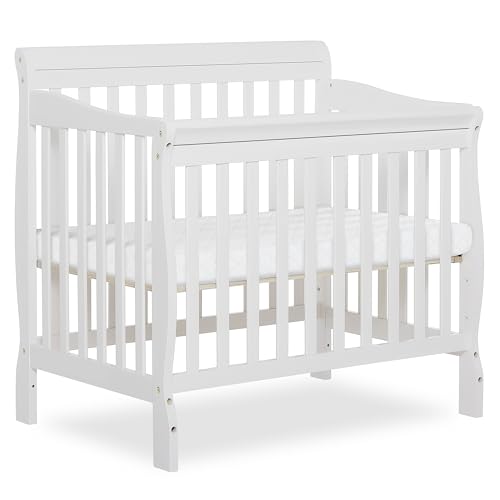 Dream On Me Aden 4-in-1 Convertible Mini Baby Crib, GREENGUARD Gold & BSA Certified, Sustainable Pinewood, Non-Toxic Finish, 3 Mattress Heights, Converts to Mini Day & Twin-Size Bed - White