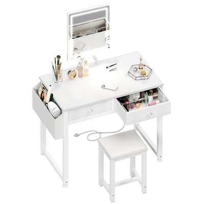 Lufeiya Small Makeup Vanity Desk with Fabric Drawers, 32 inch White Vanity Desks with Mirror and Light, Dressing Table and Chair Set with Power Outlet for Girls Bedroom, White