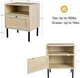 Boho Rattan Nightstands Set of 2 with Metal Legs and Open Shelf, Natural Wood Finish Angel Sar