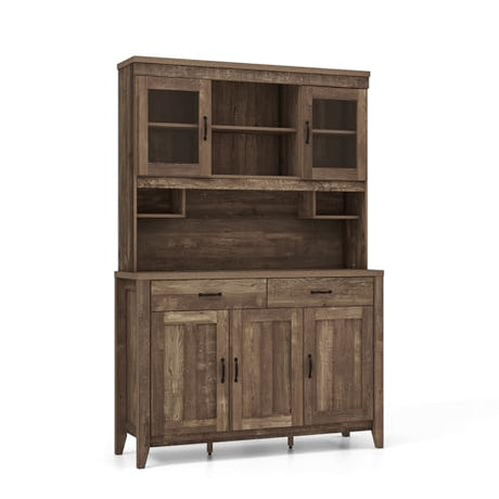 SILKYDRY 78.5" Tall Kitchen Hutch Storage Cabinet, Large Buffet Cupboard with Glass Doors, Drawers, Adjustable Shelves, Wooden Kitchen Pantry Cabinet with Microwave Shelf for Home Coffee Bar SILKYDRY