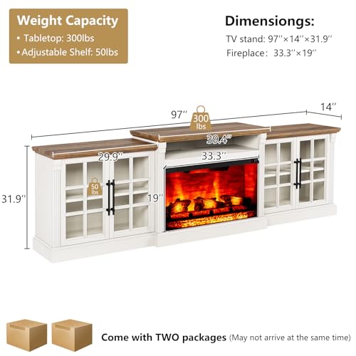 LUXOAK 97" Farmhouse TV Stand with 33" Fireplace for TVs up to 100", Media Entertainment Center with Large Storage Cabinet Adjustable Shelves for Living Room, White/Barnwood LUXOAK