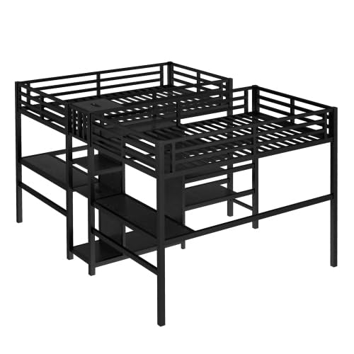 Harper & Bright Designs Double Loft Bed Twin Size with Desk and Wardrobe for 2, Heavy Duty Metal Loft Bed Frame with Storage Shelf and Electrical Outlet, Black Harper & Bright Designs