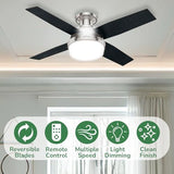 Hunter Fan Dempsey Low Profile Ceiling Fans with Lights and Remote, Flush Mount Ceiling Fan with Lights, Metal, Brushed Nickel Finish, 44 Inch LED Hunter
