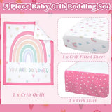 Hahafelt 3 Piece Rainbow Boho Crib Bedding Set for Girls Inspirational Quote Pink Baby Crib Bedding Set Standard Size Nursery Bedding Includes Fitted Crib Sheet,Comforter, Crib Skirt Hahafelt