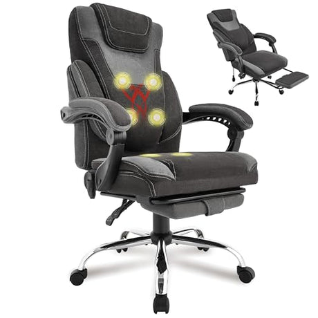 Massage Office Chair with Foot Rest,6-Point Vibration & Heat Reclining Computer Chair,Big and Tall Fabric Office Chair for Heavy People,Ergonomic Executive Desk Chair,Thick Cushion,High Back,BlackGrey Sofetura