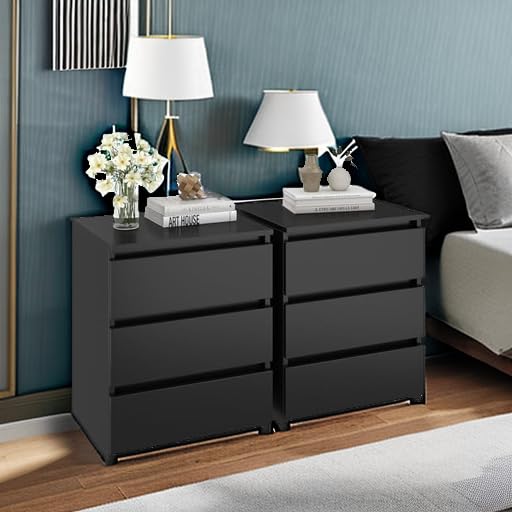 FOTOSOK Nightstand Set of 2 Black Nightstand with 3 Drawers, Black Bedside Table Night Stand for Bedroom with Cut-Out Handle, Sofa Side Table 3 Drawer Nightstand for Bedroom, 17.7W*15D*21.7H FOTOSOK
