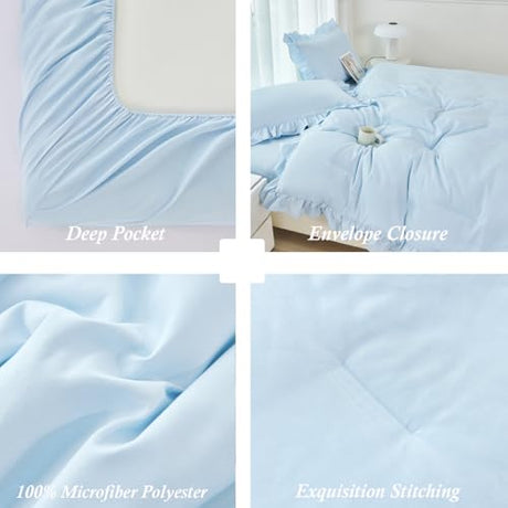 ANGIYUIN 5 Pieces Light Blue Full Bed in A Bag for Kids Girls Ruffle Bedding Sets Boho Comforter Set Vintage Farmhouse Bedding Comforter Sets with Sheets(Light Blue Full) ANGIYUIN