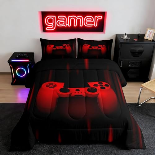 Feelyou Twin Comforter Set for Boys Gamer Bedding Set for Boys Kids Gaming Comforter Red Black Teen Child Gamer Room Decor Soft Game Geometric Duvet Quilted 1 Comforter with 1 Pillowcase Gamer Gifts Feelyou