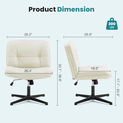 OLIXIS Criss Cross Chair Without Wheels, Cross Legged Office Chair, Armless Wide Vanity Desk Chair with Comfy PU Leather& Back - Swivel for Home Office Bedroom, Beige OLIXIS