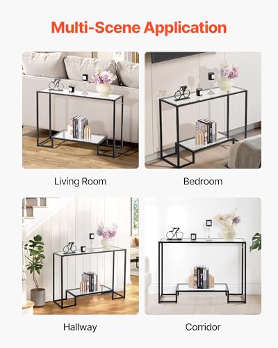 VEVOR Glass Console Table, 42 Inch Entryway Table, Modern Rectangle Sofa Table with Tempered Glass Top and Iron Legs, 2-Tier Consloe Desk for Living Room, Hallway, Entryway VEVOR