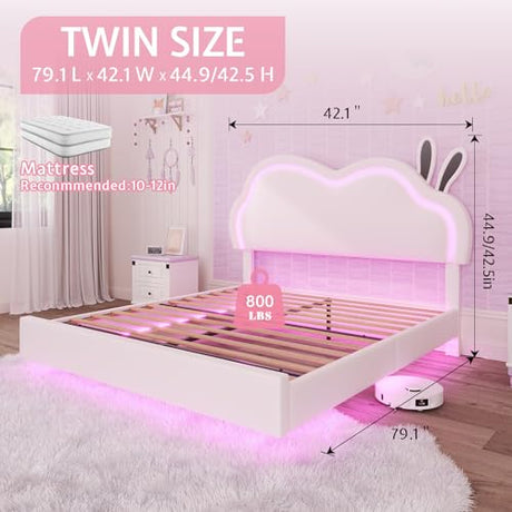 AMERLIFE Floating Twin Bed Frame with Adjustable RGB LED Headboard, Leather Upholstered Platform Bed for Kids/Girls,Wood Slats Support, No Box Spring Needed, Easy Assembly, White AMERLIFE