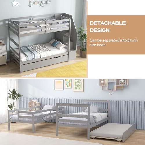 KOTEK Twin Over Twin Bunk Bed with Trundle and Stairs, Solid Wood Bunk Bed Frame with Storage Shelf, Bunk Beds Detachable into 2 Platform Beds for Kids Teens Adults (Grey) KOTEK