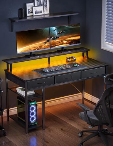 Rolanstar Computer Desk with Power Outlets & LED Light, 39 inch Home Office Desk with 3 Drawers and Storage Shelves, Writing Desk with Monitor Stand, Modern Work Desk for Home Office, Carbon Black Rolanstar