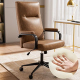 GXJ Brown Leather Office Chair with Wheels, Memory Foam Height Adjustable Computer Deak Chair, Rolling Swivel Executive Chair for Home Office GXJ