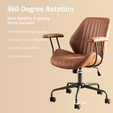 Mid Back Home Office Chair, Mid Century Modern Executive Chair, Comfy Ergonomic Rolling Office Desk Chair with Lumbar Support, Brown Faux Leather Office Chair, Brown weaxty W