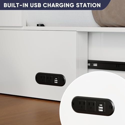 ijuicy Queen Size Murphy Bed with Mattress & Extra Large Drawers, Multifunctional Cabinet Beds with USB Charging Station, Murphy Bed Chest for Home, Mattress Included (White & Brown) ijuicy