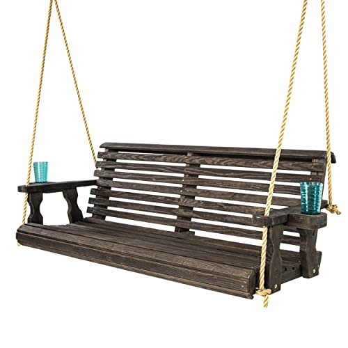 Amish Casual Heavy Duty 800 Lb Roll Back Treated Porch Swing with Hanging Ropes and Cupholders (5 Foot, Semi-Solid Black Stain) - WoodArtSupply