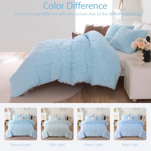 BYHOFMLY Light Blue Fluffy Girls Comforter Set Twin Size 3 Pieces Faux Fur Plush Shaggy Bedding Set for Teen Girls Soft Warm Furry Velvet Kids Bed Sets (Light Blue, Twin) BYHOFMLY
