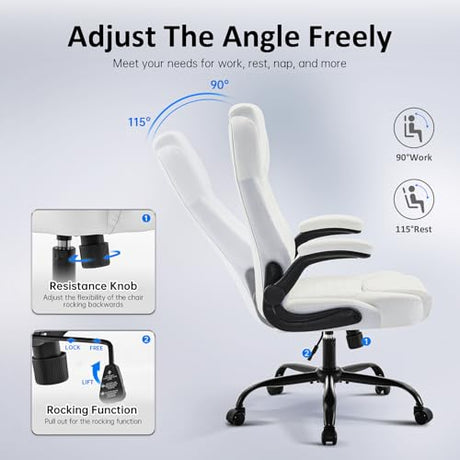 amseatec Office Chair, Executive PU Leather Chair Home Office Desk Chairs, Ergonomic Computer Desk Chair with Adjustable Flip-Up Arms, Lumbar Support Swivel Task Chair with Rocking Function (White) amseatec