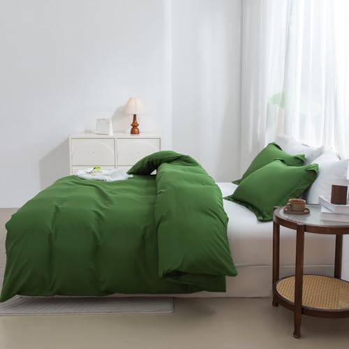 SheRest Olive Green Duvet Cover - Soft Brushed Microfiber, 3 Pieces, 1 Duvet Cover 80x90 Inches with Zipper Closure 8 Ties & 2 Pillow Shams, Breathable Bedding Set for All Season, Full (No Comforter) SheRest