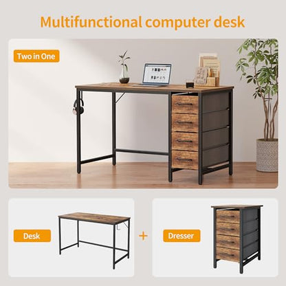 CubiCubi 47 Inch Computer Desk with 4 Drawers, Home Office Small Desk with Storage, Modern Study Writing Desk, Rustic Brown - WoodArtSupply