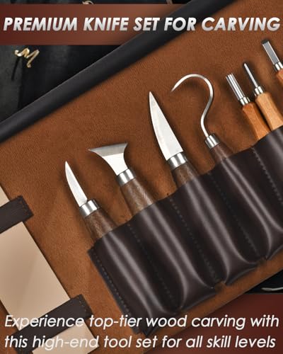 Wood Carving Kit Whittling Kit: Deluxe Wood Carving Tools Set with Leather Case Wood Carving Knife Widdle Kit - Woodworking Gift Kit with Basswood Blocks Hobby for Adults Kids Beginners Bluvizo