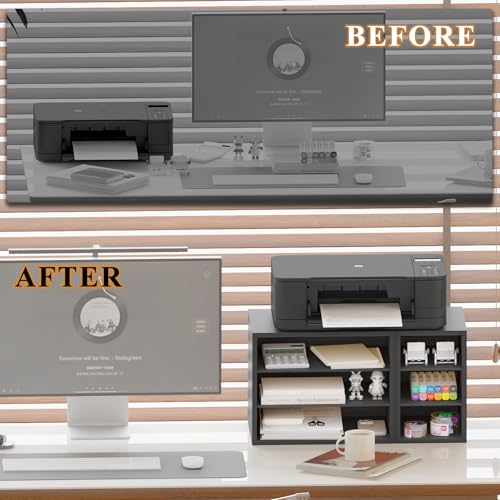 MARTY Printer Stand with Storage for Desk Large Desktop Printer Stand Shelf Riser with 6 Storage Compartments Wood Desk Paper Organzier File Organizer for Home/Office, Black MARTY