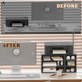 MARTY Printer Stand with Storage for Desk Large Desktop Printer Stand Shelf Riser with 6 Storage Compartments Wood Desk Paper Organzier File Organizer for Home/Office, Black MARTY