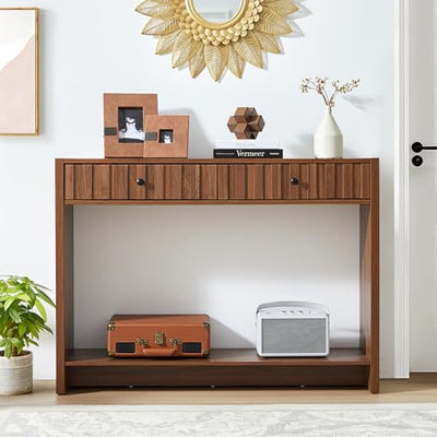 RUSTYER Console Table with Drawers, Narrow Mid-Century Fluted Entryway Table Sofa Table with Storage Shelf, Wood Entry Table Accent Behind Couch Table for Entrance, Hallway, Living Room (Walnut)