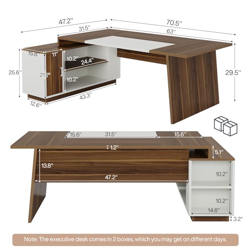 Tribesigns L-Shaped Executive Office Desk, 70.5-Inch Mid-Century Modern Executive Desk with Storage Cabinet and Shelves, Large Computer Desk for Home Office, Brown + White Tribesigns