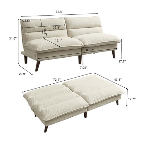 Enobala Convertible Futon Sofa Bed, 72" Loveseat Couch, Modern Folding Futon Couch with 3-Level Adjustable Backrest, Sleeper Recliner Couches for Living Room/Guest Room/Apartment/Small Spaces, Beige Enobala